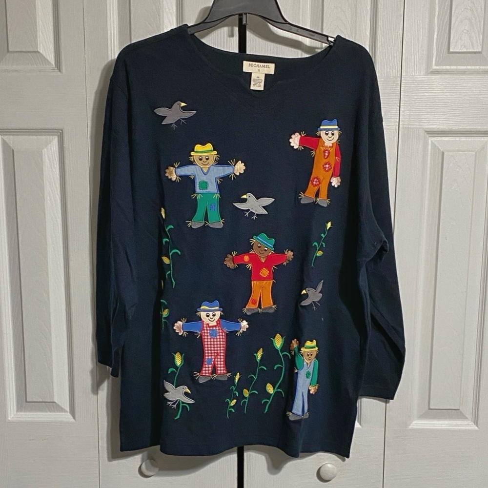 CUTE Bechamel II navy cotton Scarecrow & crows Long Sleeve Tee Shirt top size 2X